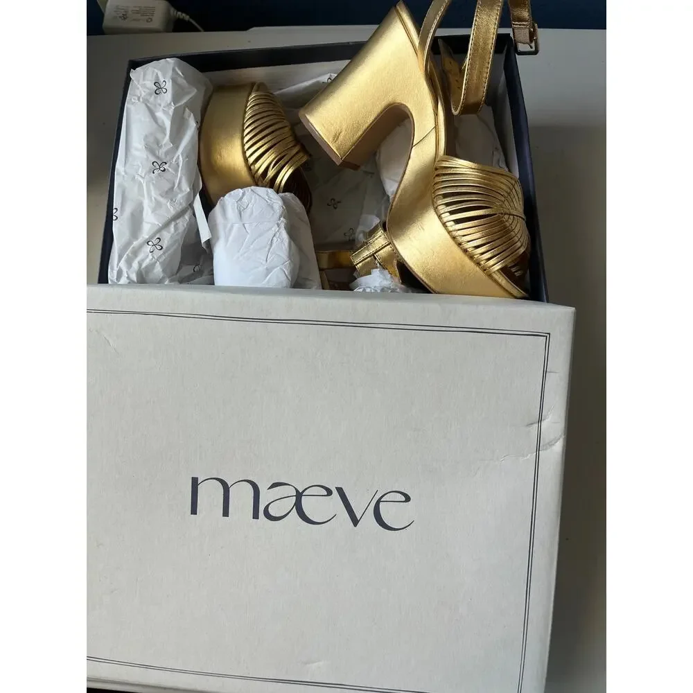 Maeve Anthropologie Lorelei Gold Leather Platform Ankle Strap Heels Size37 6-6.5